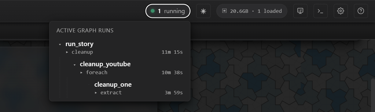 Active graphs pill showing run tree
