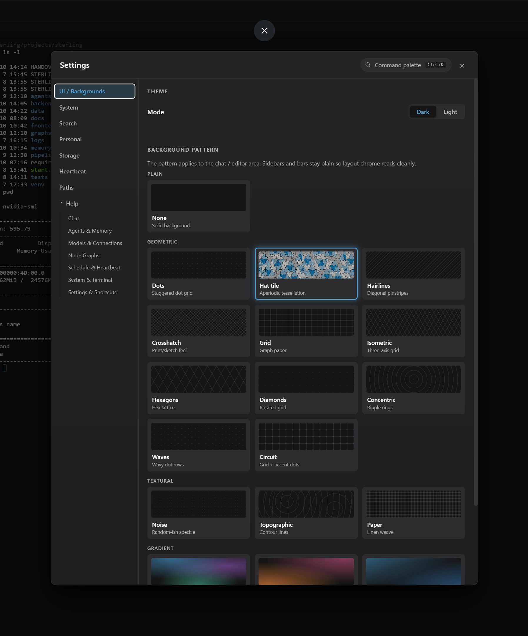 Background patterns settings