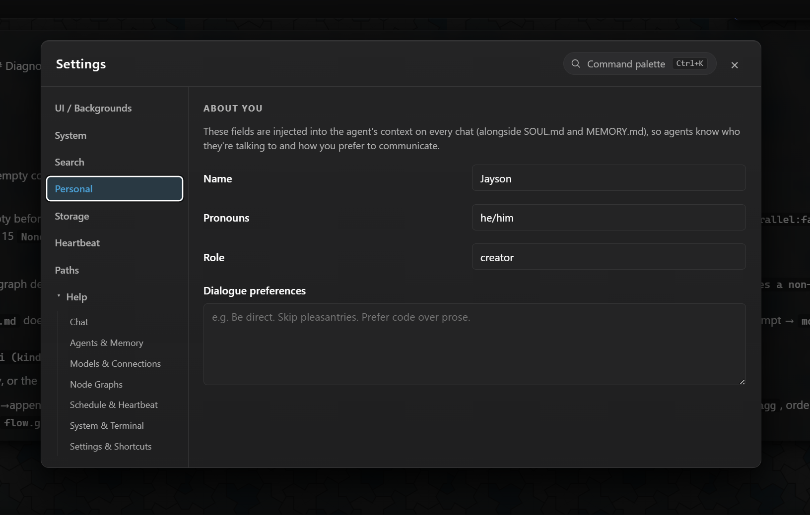 Personal settings