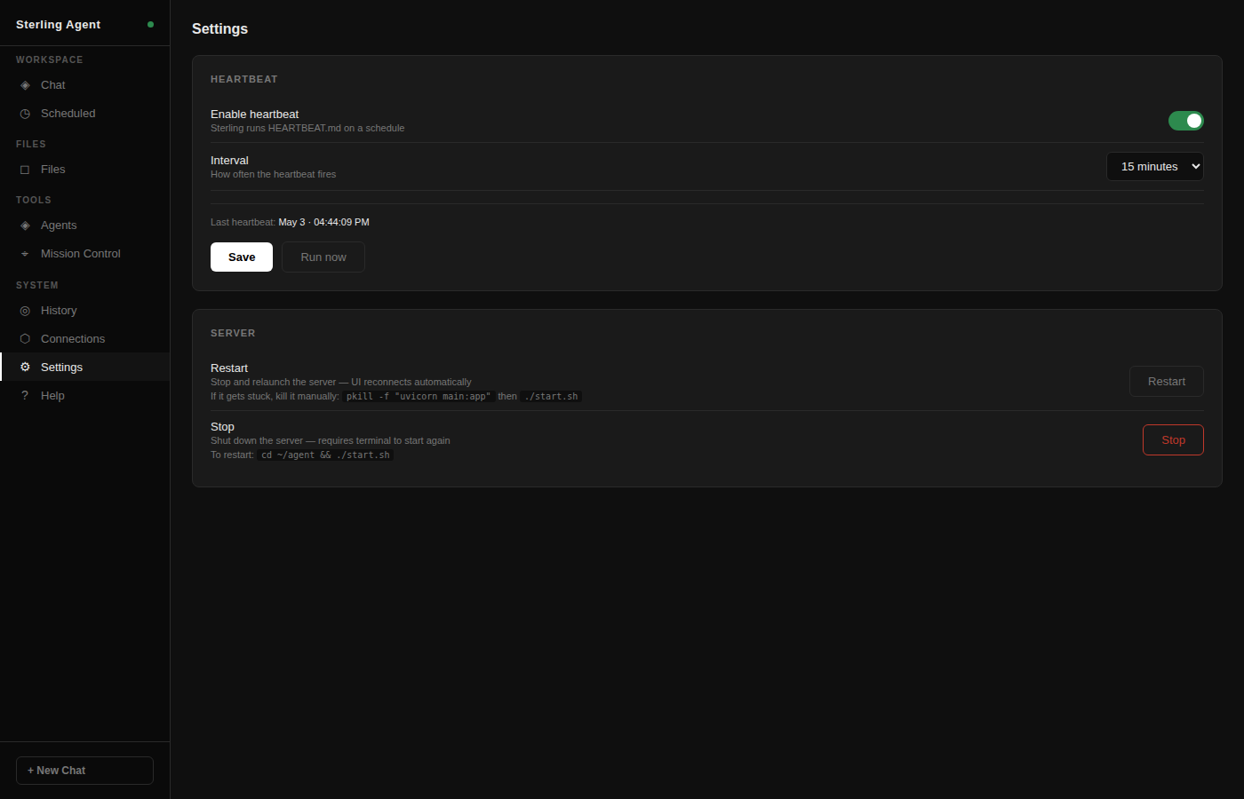 Sterling Agent — Settings panel